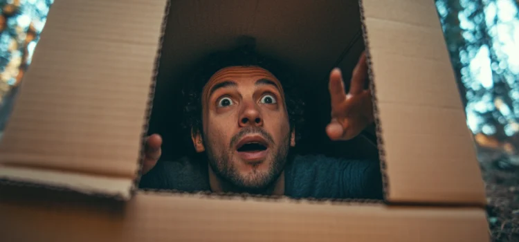 A man coming out of a cardboard box to signify the importance of creativity and play in adults