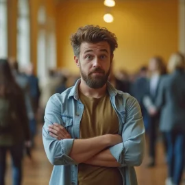 A man in a denim shirt facing the camera when everyone else is going the other direction illustrates the pressure to conform