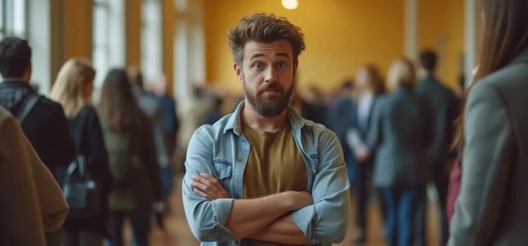 A man in a denim shirt facing the camera when everyone else is going the other direction illustrates the pressure to conform