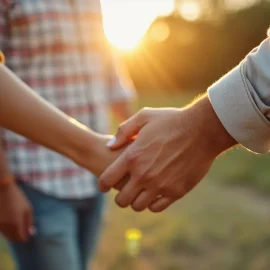 A close-up of a man's hand holding a woman's hand with another man in the background depicts attachment theory and polyamory