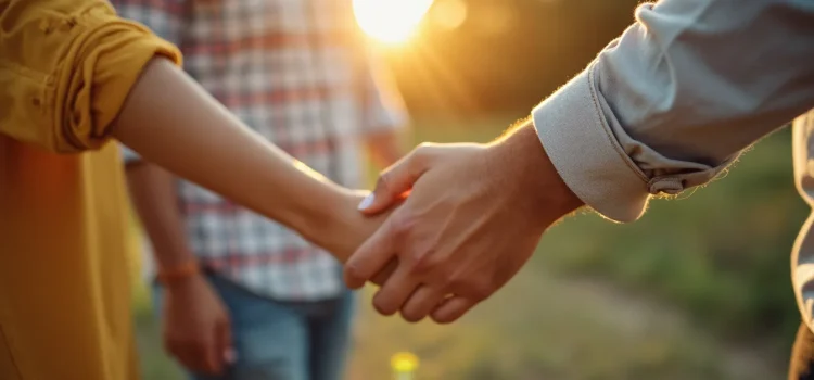 A close-up of a man's hand holding a woman's hand with another man in the background depicts attachment theory and polyamory