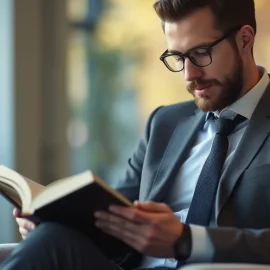 A man with dark hair and a beard, wearing glasses and a business suit, reading a book