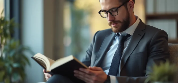 A man with dark hair and a beard, wearing glasses and a business suit, reading a book