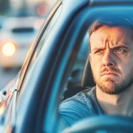 A stressed man who is always busy sits in traffic in his car and looks frustrated