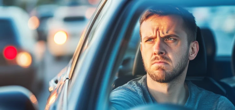 A stressed man who is always busy sits in traffic in his car and looks frustrated