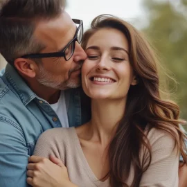 A man putting his arms around a woman and kissing her on the cheek illustrates how to appreciate your partner