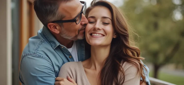 A man putting his arms around a woman and kissing her on the cheek illustrates how to appreciate your partner