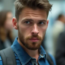 A bearded man looking alert in a public setting illustrates violence awareness