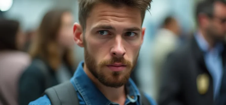 A bearded man looking alert in a public setting illustrates violence awareness