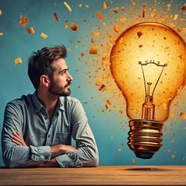 A bearded man looking to his left at a huge lightbulb bursting with energy illustrates how to come up with original ideas