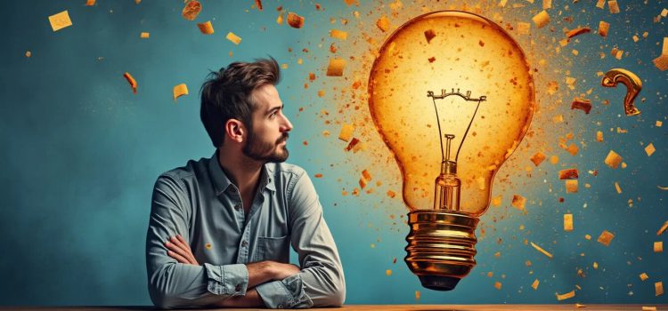 A bearded man looking to his left at a huge lightbulb bursting with energy illustrates how to come up with original ideas