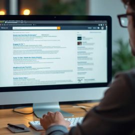 A man wearing glasses looking at generic search engine results on a computer screen illustrates information as a commodity