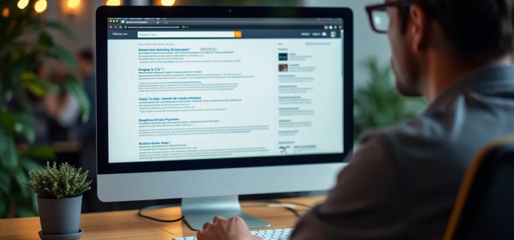 A man wearing glasses looking at generic search engine results on a computer screen illustrates information as a commodity