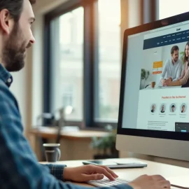 A bearded man in an office looking at a website with a simple web page design on a computer monitor