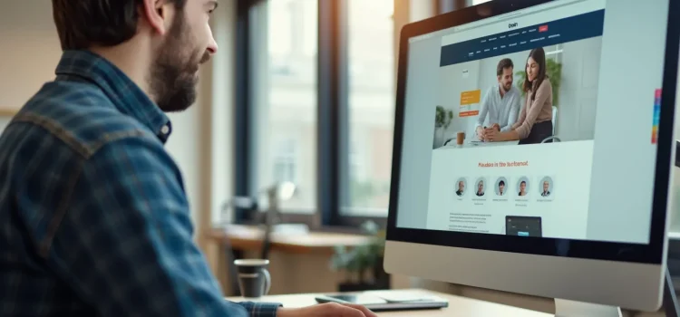 A bearded man in an office looking at a website with a simple web page design on a computer monitor