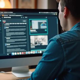 A man in a denim shirt looking at a website on a desktop computer illustrates the UX goal