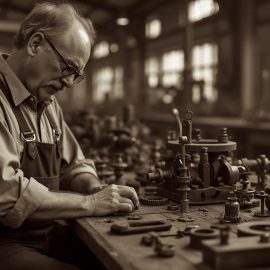 A man making widgets in a factory during the Industrial era illustrates pseudo-productivity