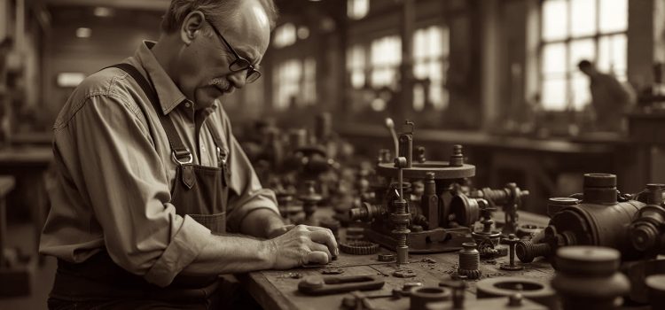 A man making widgets in a factory during the Industrial era illustrates pseudo-productivity