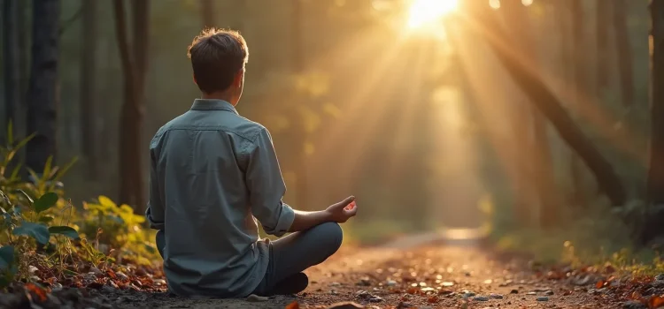 a man practicing focused attention meditation in the woods