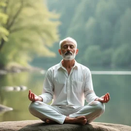 A middle-aged man with white hair and a beard practicing secular mindfulness meditation on a rock by a river