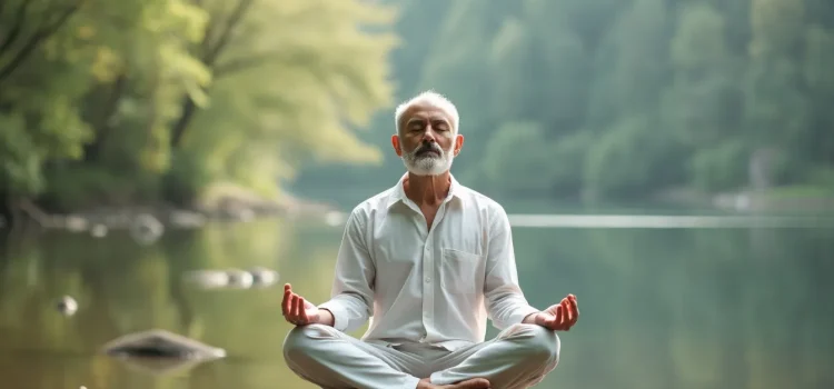 A middle-aged man with white hair and a beard practicing secular mindfulness meditation on a rock by a river