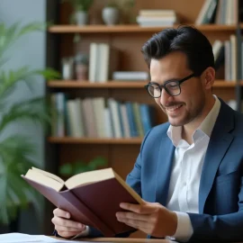 A smiling man wearing a suit jacket and white button-up shirt reading a book at a desk in an office with bookcases and plants