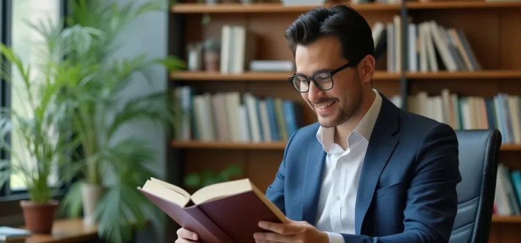 A smiling man wearing a suit jacket and white button-up shirt reading a book at a desk in an office with bookcases and plants