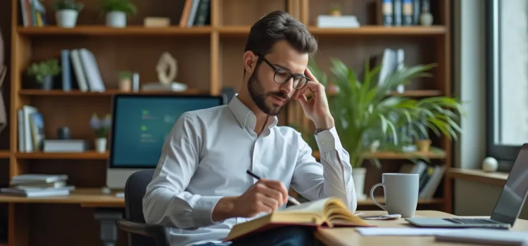 A man with dark hair, a beard, and glasses reading a book at a desk in an office