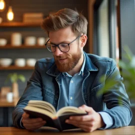 A bearded man wearing glasses and a denim jacket reading a book in a cafe by a window with shelves of dishes behind him