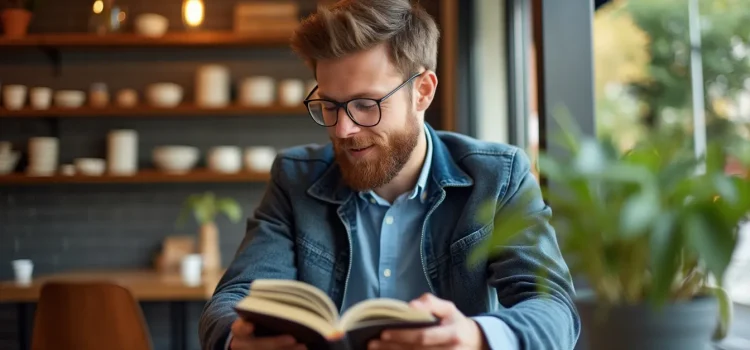 A bearded man wearing glasses and a denim jacket reading a book in a cafe by a window with shelves of dishes behind him