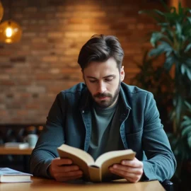 A man reading a book at a table in a cafe next to a window and in front of a brick wall