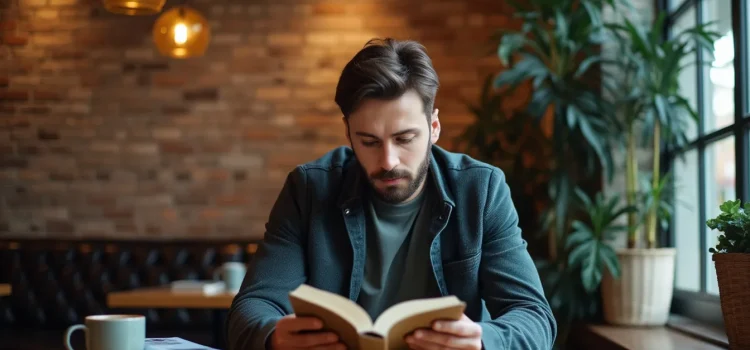 A man reading a book at a table in a cafe next to a window and in front of a brick wall