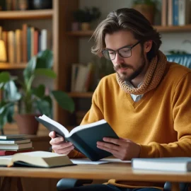 A man with wavy brown hair, a beard, and glasses is wearing an orange sweater and reading a book in a home office