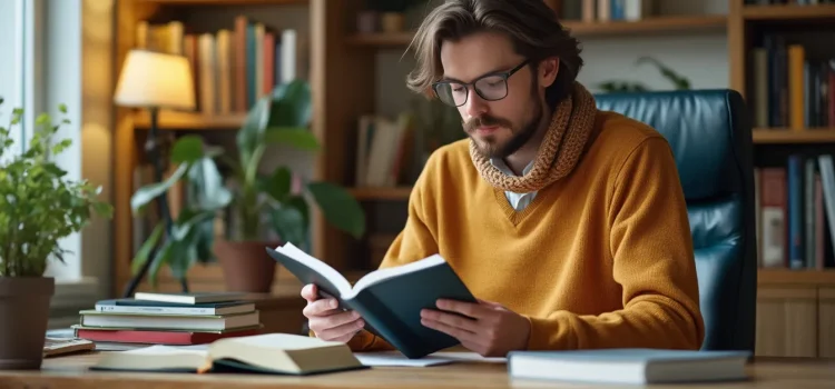 A man with wavy brown hair, a beard, and glasses is wearing an orange sweater and reading a book in a home office