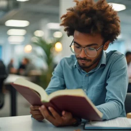 A man with curly black hair and glasses reading a book in an open office while coworkers are busy working in the background