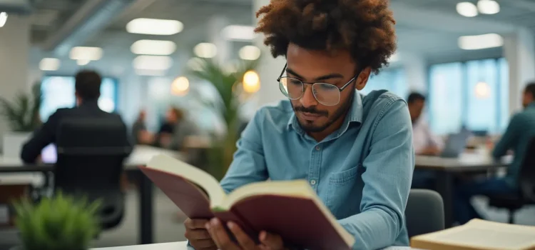 A man with curly black hair and glasses reading a book in an open office while coworkers are busy working in the background