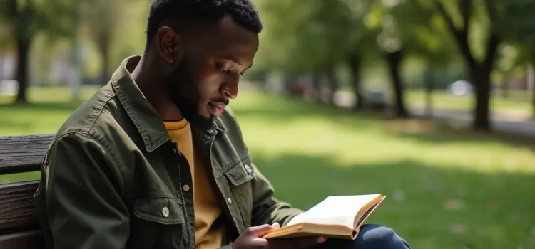 A man sitting on a park bench and reading a book