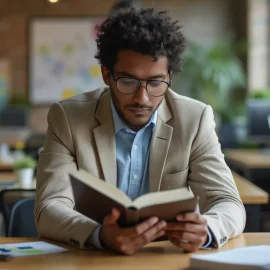 A man with curly black hair and glasses reading a book in an open workspace