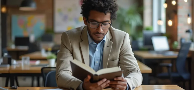 A man with curly black hair and glasses reading a book in an open workspace