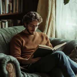 A man reading a book on a couch