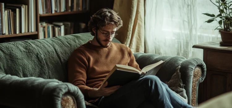 A man reading a book on a couch