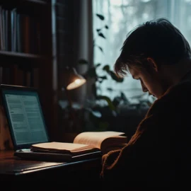 A man reading a book on his desk with his laptop open