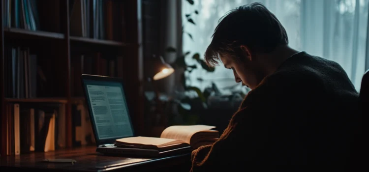 A man reading a book on his desk with his laptop open