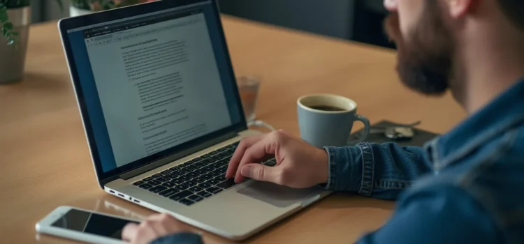 A bearded man engaged in internet reading on a laptop at a desk with a mobile phone and a cup of coffee