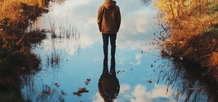 A man standing in a pond in the forest with his reflection in the water. He is reaping the benefits of slowing down