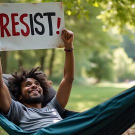 A man lying in a hammock and holding up a sign that says “RESIST” illustrates rest as a form of resistance