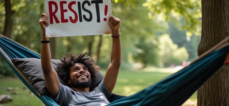 A man lying in a hammock and holding up a sign that says “RESIST” illustrates rest as a form of resistance