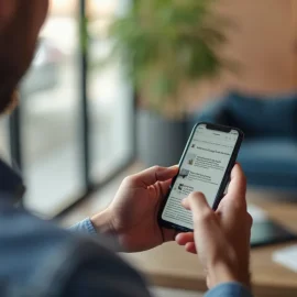 A bearded man scrolling through a website on a mobile phone illustrates the importance of visual hierarchy in web design