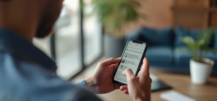 A bearded man scrolling through a website on a mobile phone illustrates the importance of visual hierarchy in web design