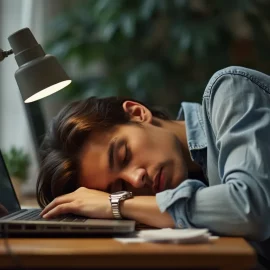 A man sleeping with his head on his desk by his laptop illustrates the effects of circadian rhythm disruption